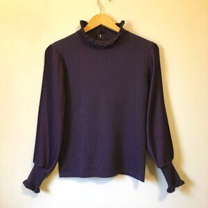 Plum Ribbed Balloon Sleeve Knit Mock Neck Frilly Sweater S